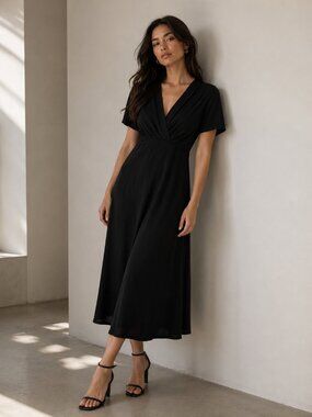 Babaton Black Wrap Midi Dress | Quiet Luxury Office Siren Minimalist | XS 0075